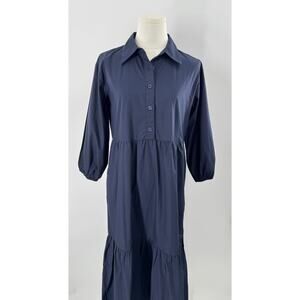 Quince 100% Organic Blue Cotton Poplin Midi Tunic Dress XS NWT Navy Shirtdress